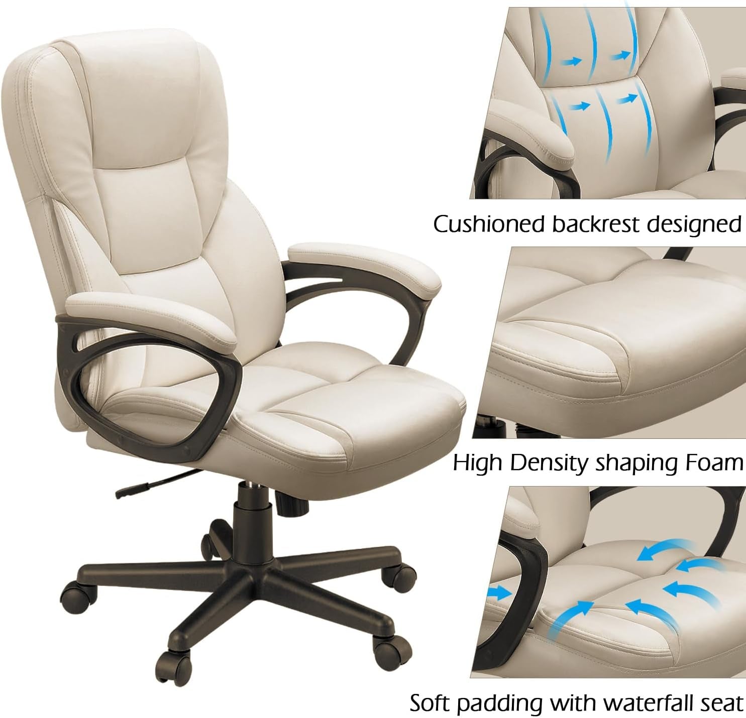 Office Executive Chair High Back Adjustable Managerial Home Desk Chair, Swivel Computer PU Leather Chair with Lumbar Support (Beige)-4