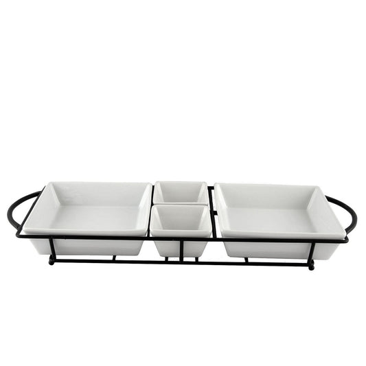 Gibson Gracious Dining 5 Piece Serving Set With Metal Rack in White Porcelain-0