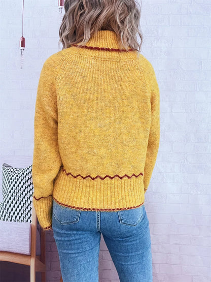 Ribbed Contrast Trim Long Sleeve Sweater