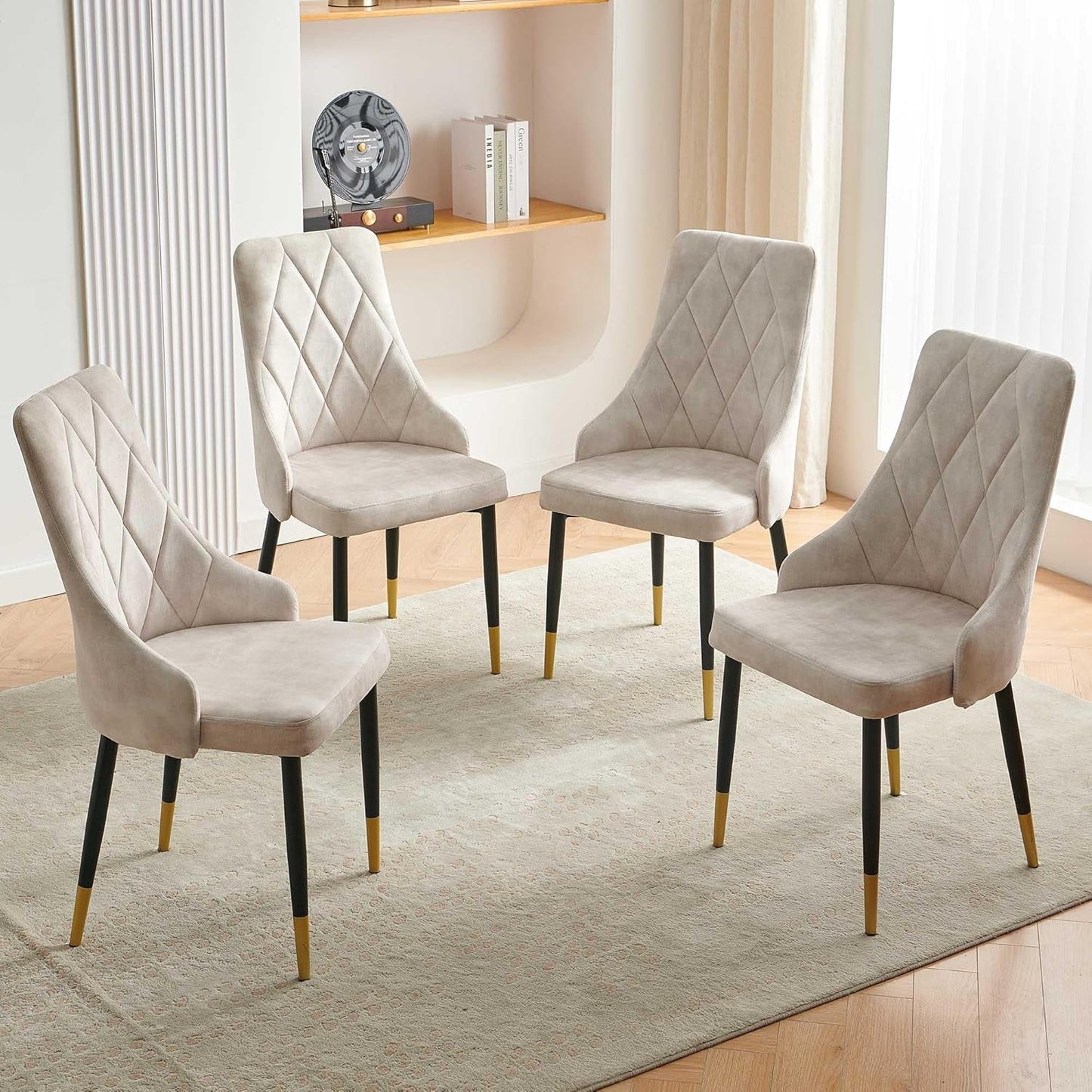 Upholstered Velvet Dining Chair Set of 4, Beige Armless Side Chair with Metal Legs for Home Kitchen-0
