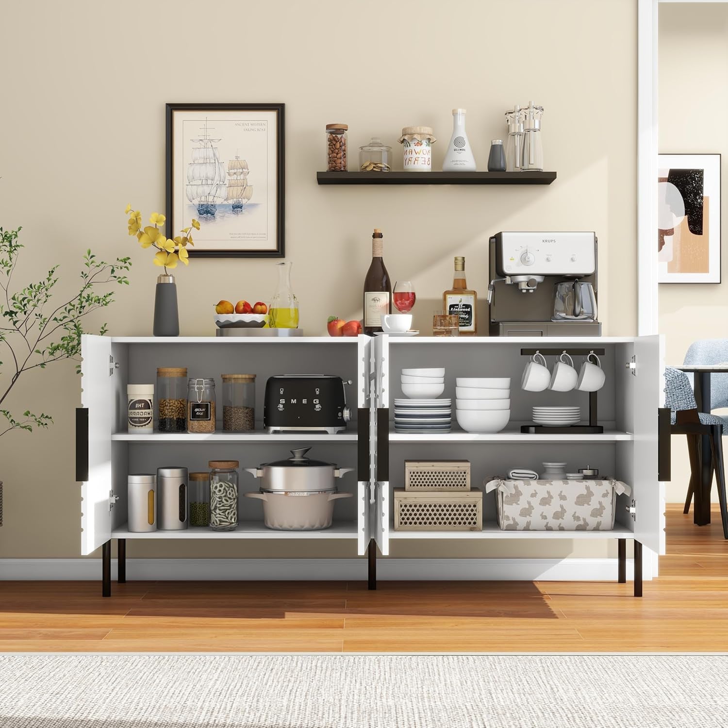White Fluted Sideboard Buffet Cabinet With Storage-2