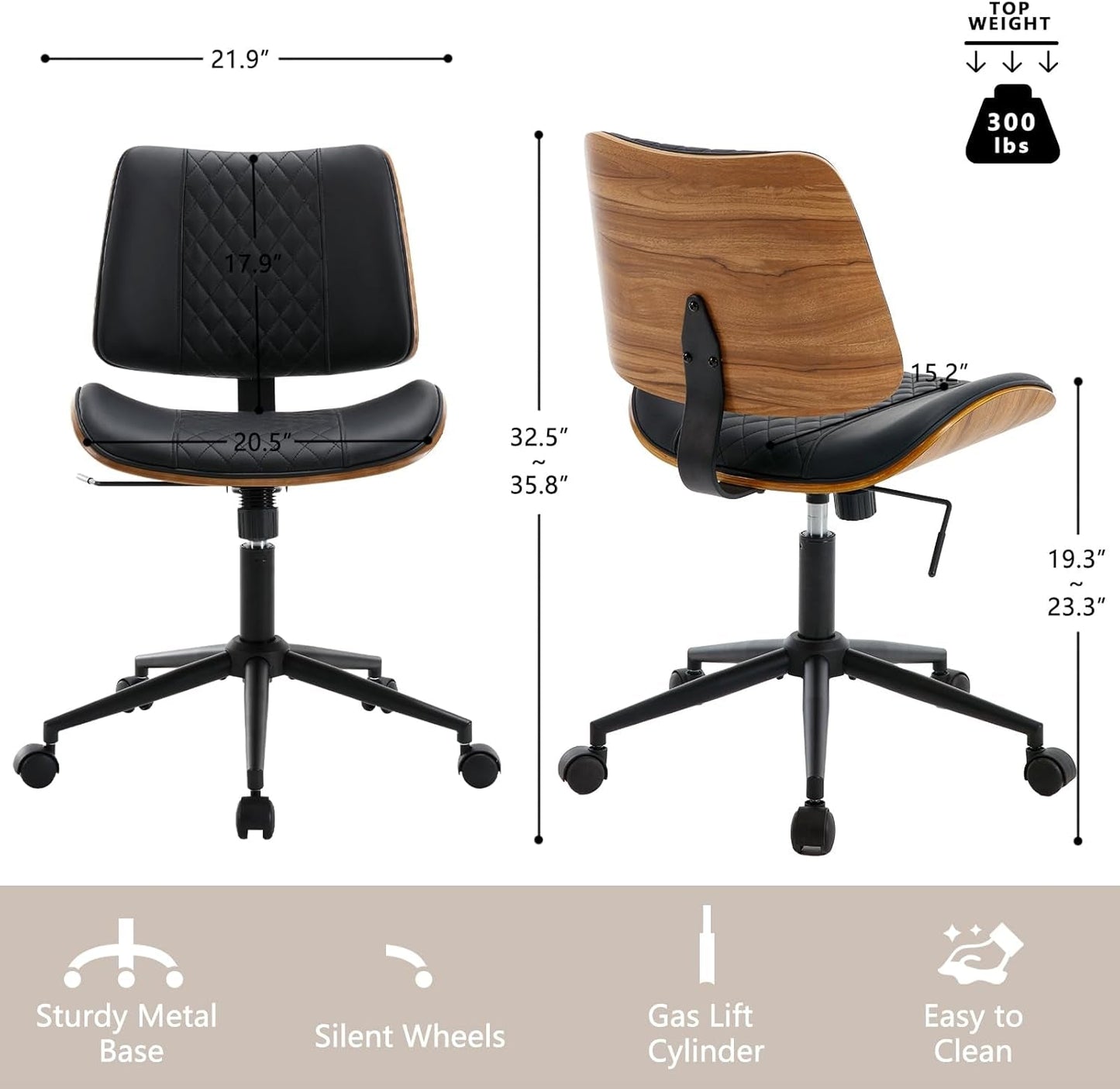 Home Office Chair No Arms with Wheels, Adjustable Height Small Desk Chair, PU Leather Mid Back 360 Swivel Computer Chair, Armless Modern Walnut Chair for Office, Reading Meeting Room(Black)-1
