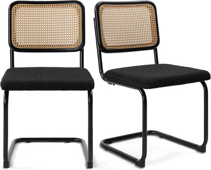 Modern Cesca Cane Dining Chairs, Set of 2, Handwoven Rattan Cane Back, Chrome Base, Upholstered Boucle Seat, Ideal for Kitchen or Dining Room, Black-0