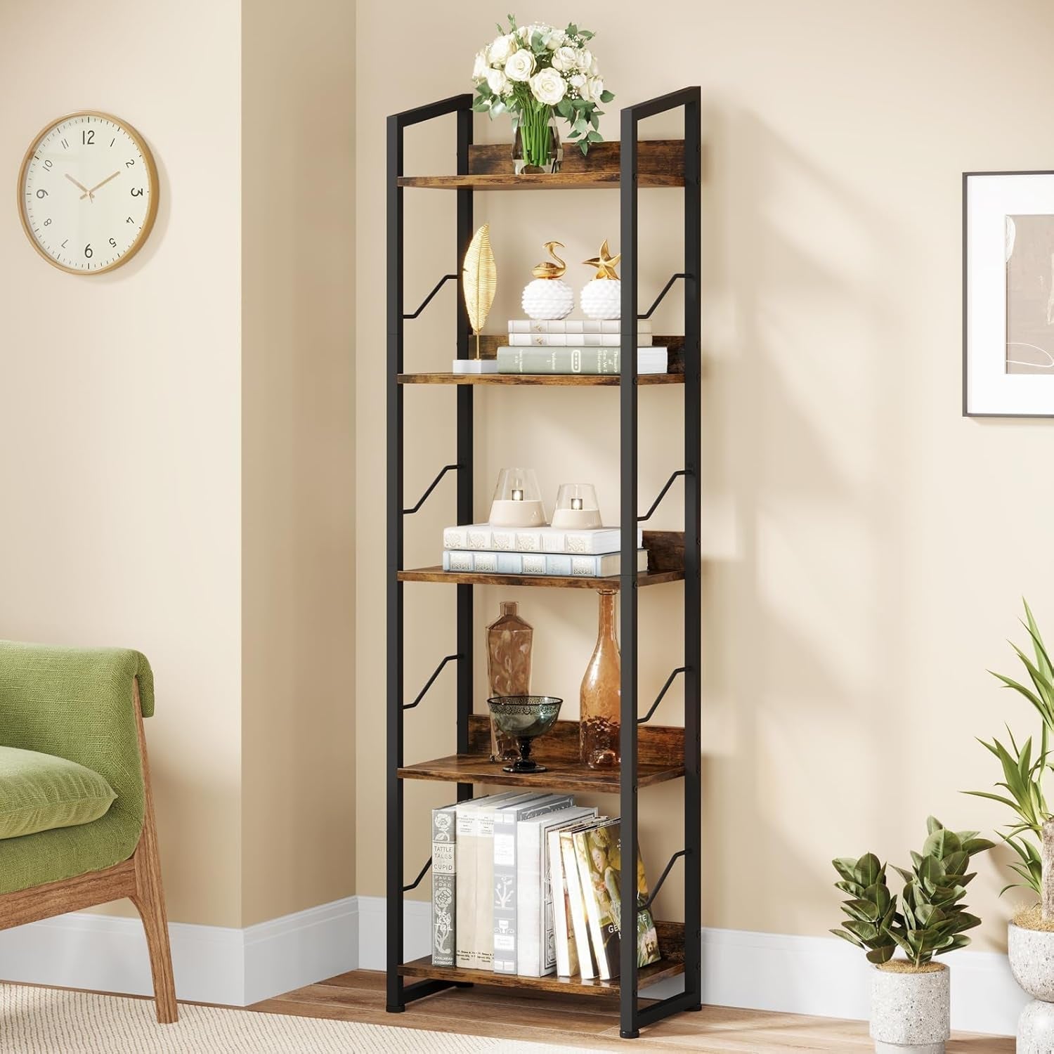 Book Shelf Small Bookshelf: 3-Tier Wood Bookcase Industrial Bookshelf with Edge Protection Metal Narrow Bookshelves Storage Organizer Display Rack for Bedroom (Rustic Brown, 5-Tier)-1