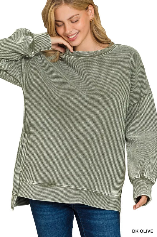 Zenana Full Size Acid Washed Double Ribbed Hi-low Sweatshirt Plus Size