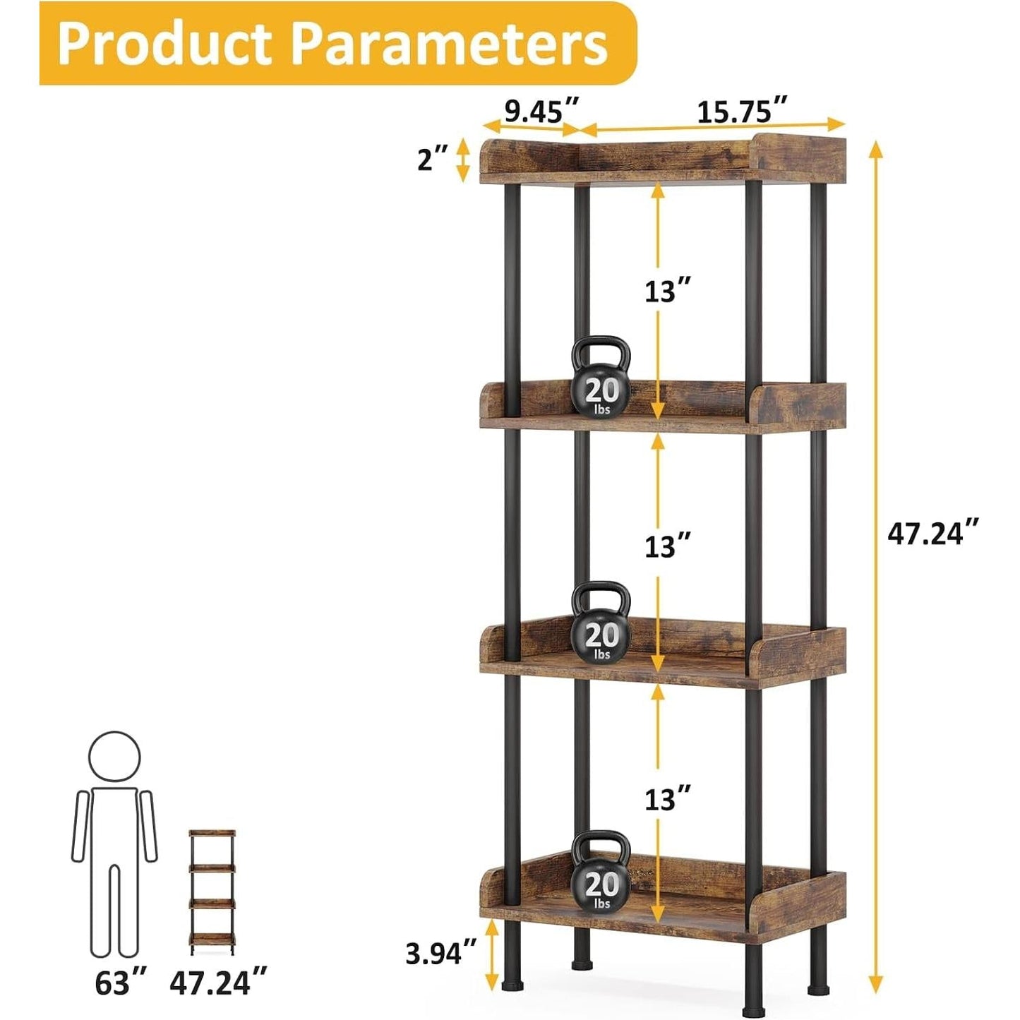 Bookcase 4 Tier Bookshelf, Vintage Small Bookshelf for Small Spaces, Wooden Book Shelf Small Bookcase for Living Room Bedroom-2