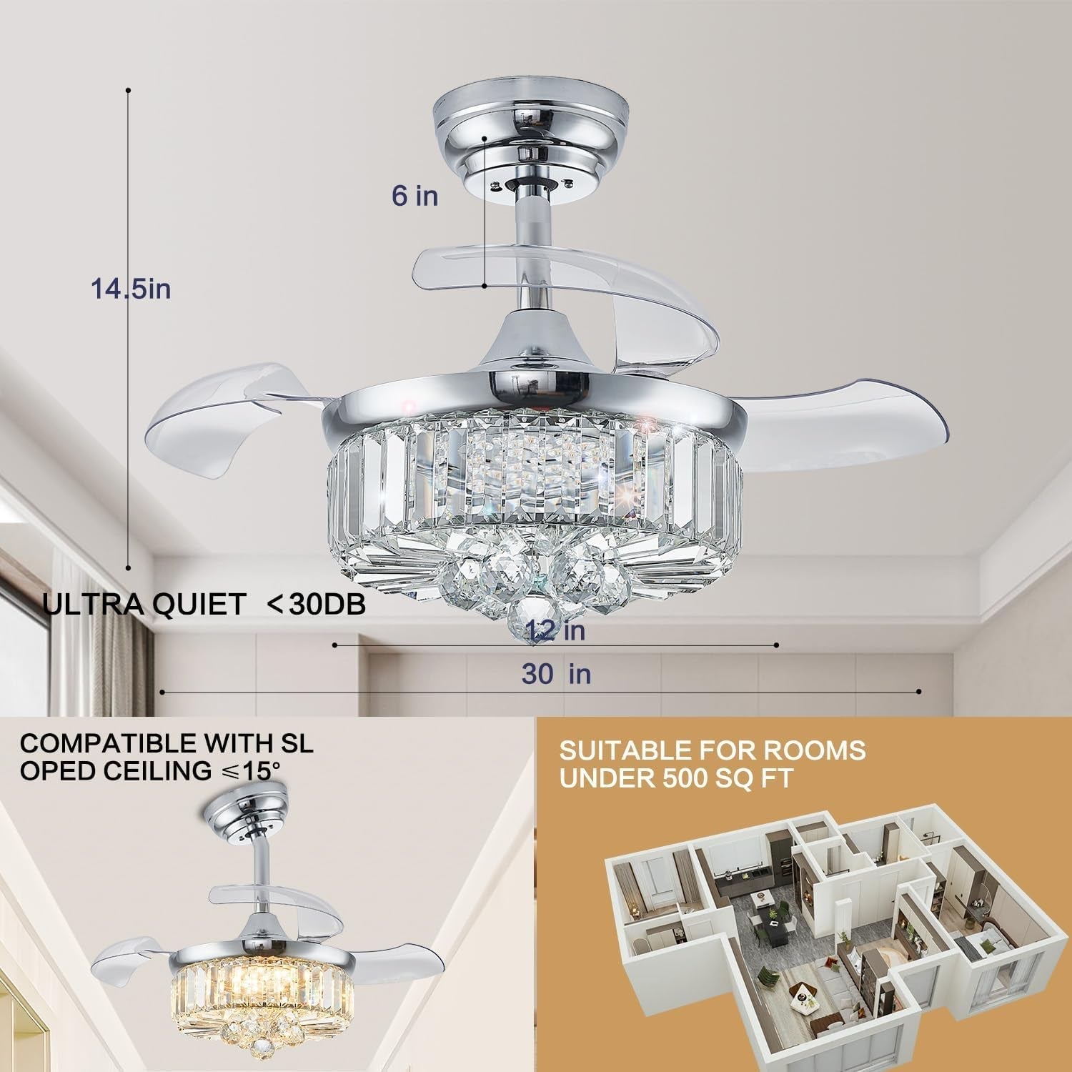 30 Inch Crystal Chandelier Ceiling Fan Illumination-3