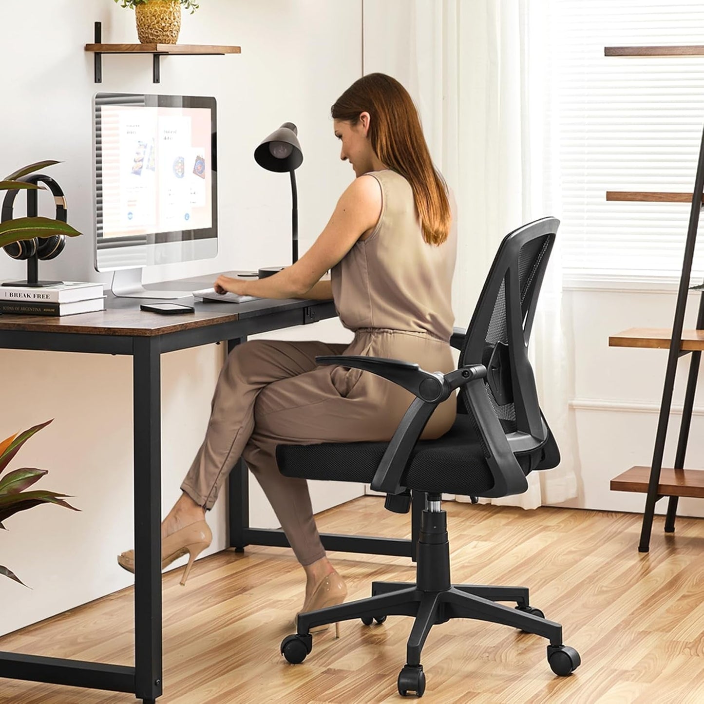 Home Office Chair Work Desk Chair Swivel Computer Mesh Chair with Flip-Up Arms Adjustable Height Lumbar Support Executive Office Task Chair for Home Office Students Study, Black-1
