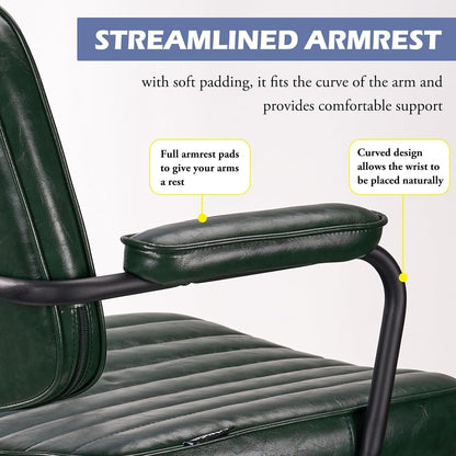 Mid Century Office Chair Leather Desk Chair Green Office Desk Chair Home Office Chair with Wheels and Arms-4