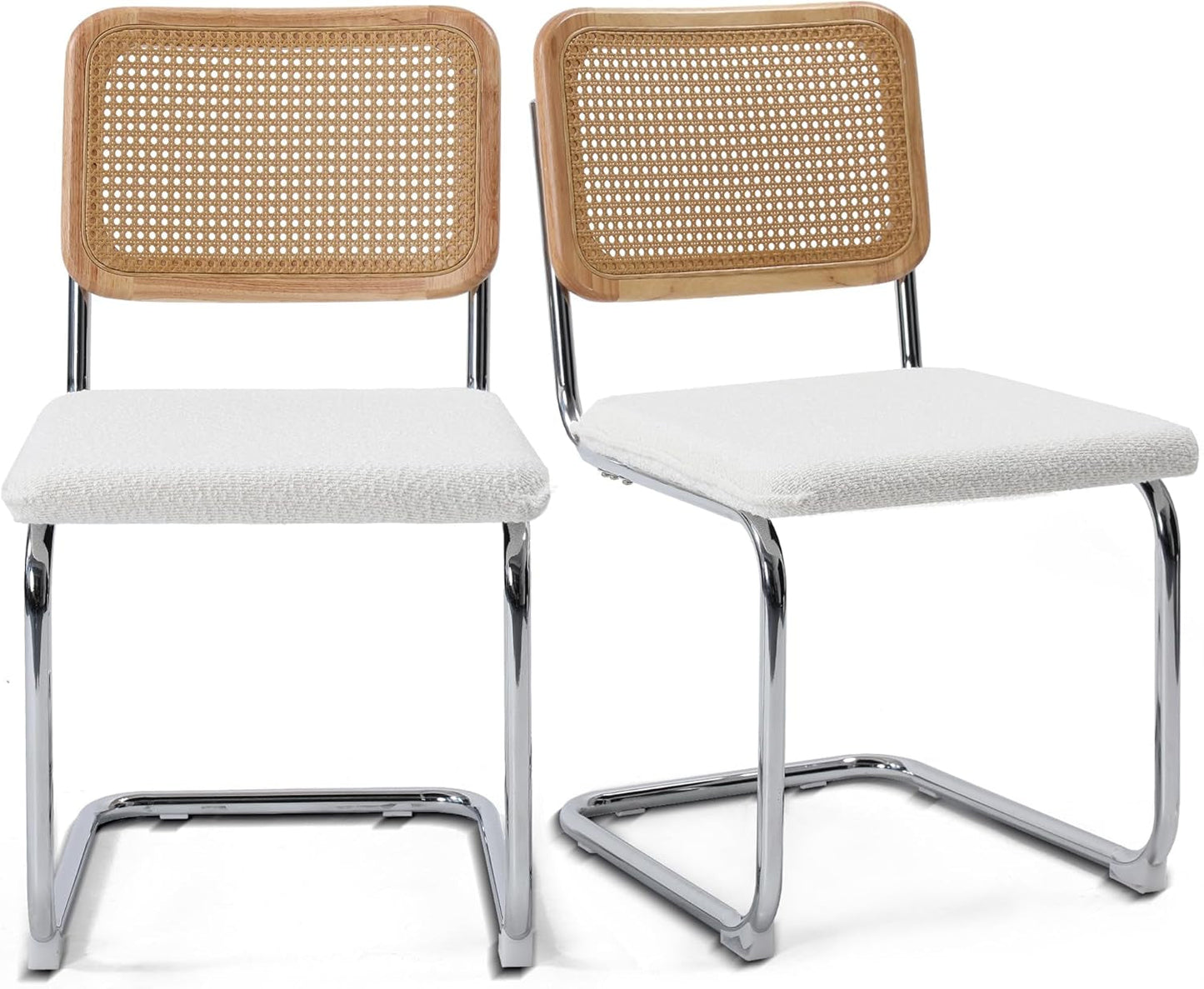 Modern Cesca Cane Dining Chairs, Set of 2, Handwoven Rattan Cane Back, Chrome Base, Upholstered Boucle Seat, Ideal for Kitchen or Dining Room, White-0