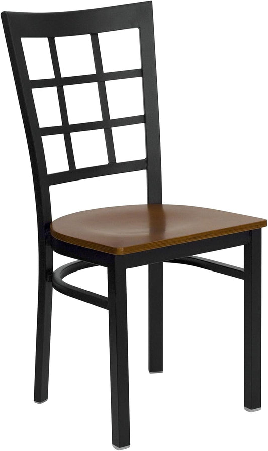 HERCULES Series Black Window Back Metal Restaurant Chair - Cherry Wood Seat-0