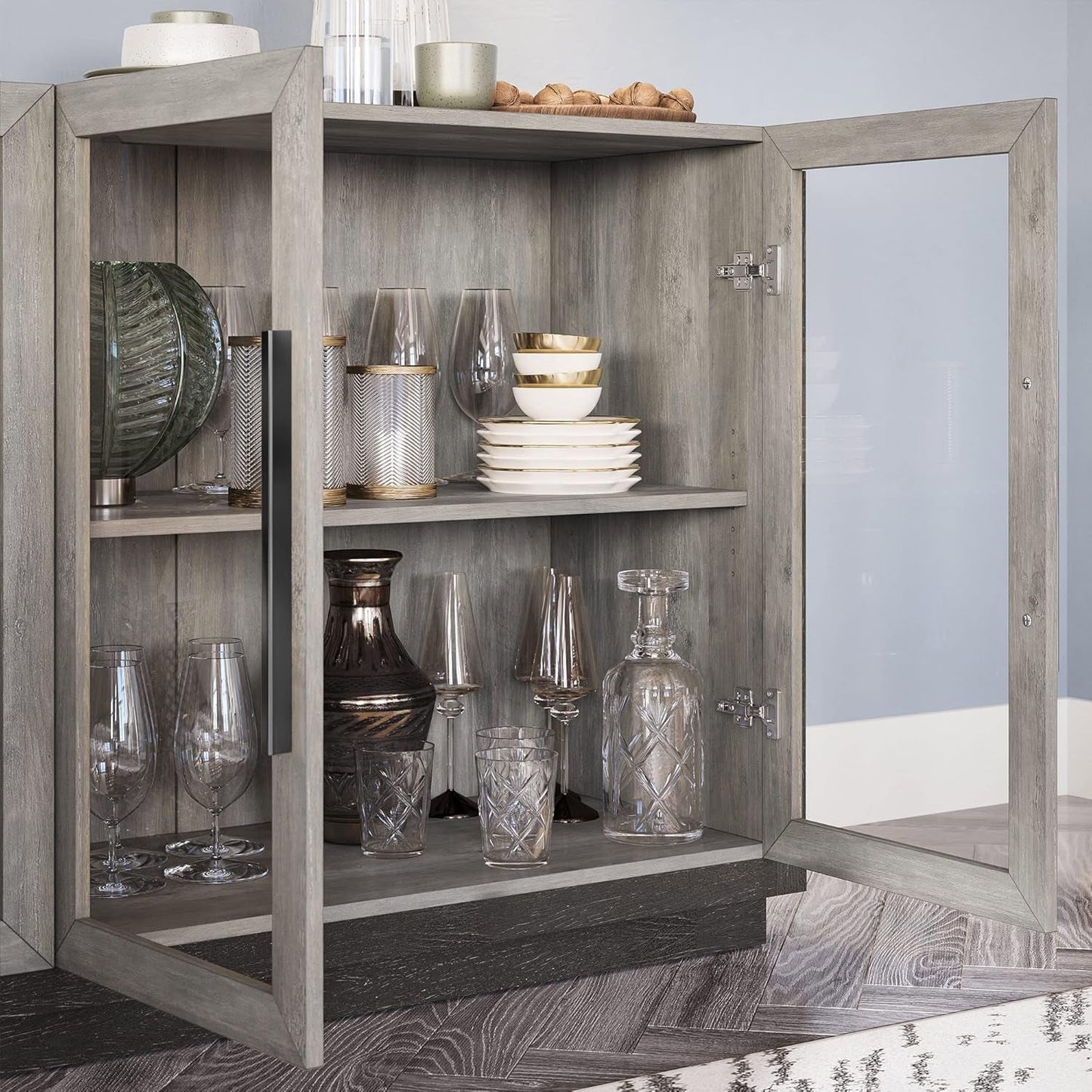 Sideboard Buffet Cabinet, Modern Wood Glass-Buffet-Sideboard with Storage, Console Table for Kitchen, Dining Room, Living Room, Hallway, or Entrance - Brixston (Grey)-4