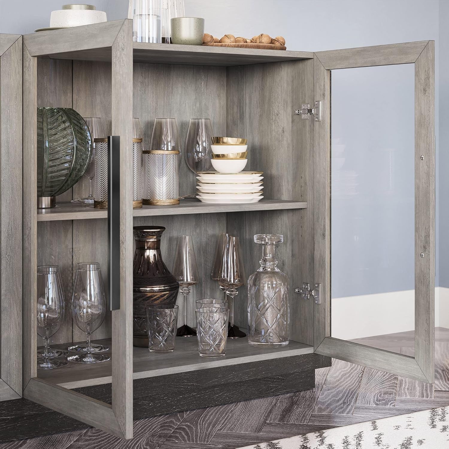 Sideboard Buffet Cabinet, Modern Wood Glass-Buffet-Sideboard with Storage, Console Table for Kitchen, Dining Room, Living Room, Hallway, or Entrance - Brixston (Grey)-4