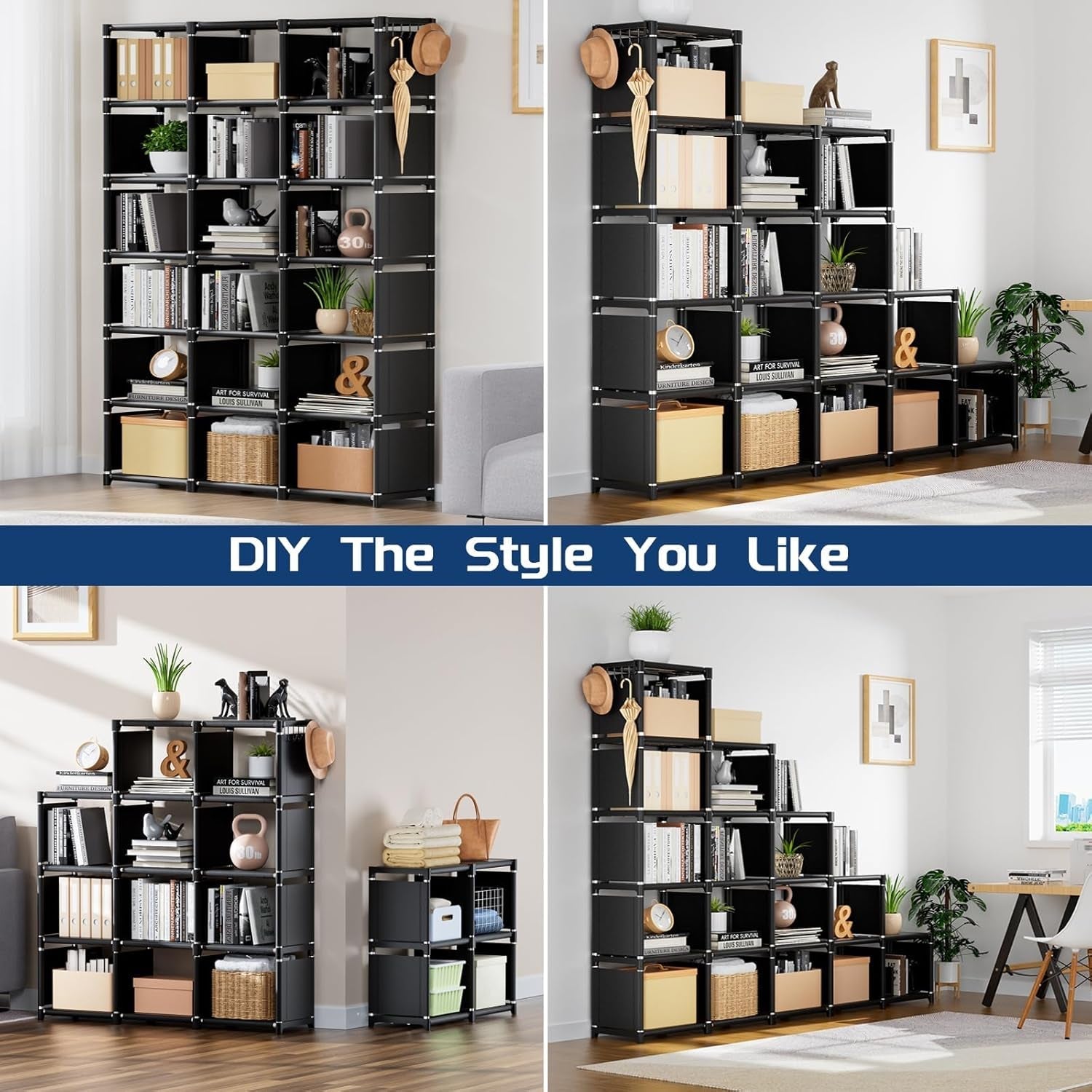 Bookcase, 18-Cube Extra Large Book Shelf, DIY Cube Storage Organizer for Bedroom, Living Room, Home Office - Black-3