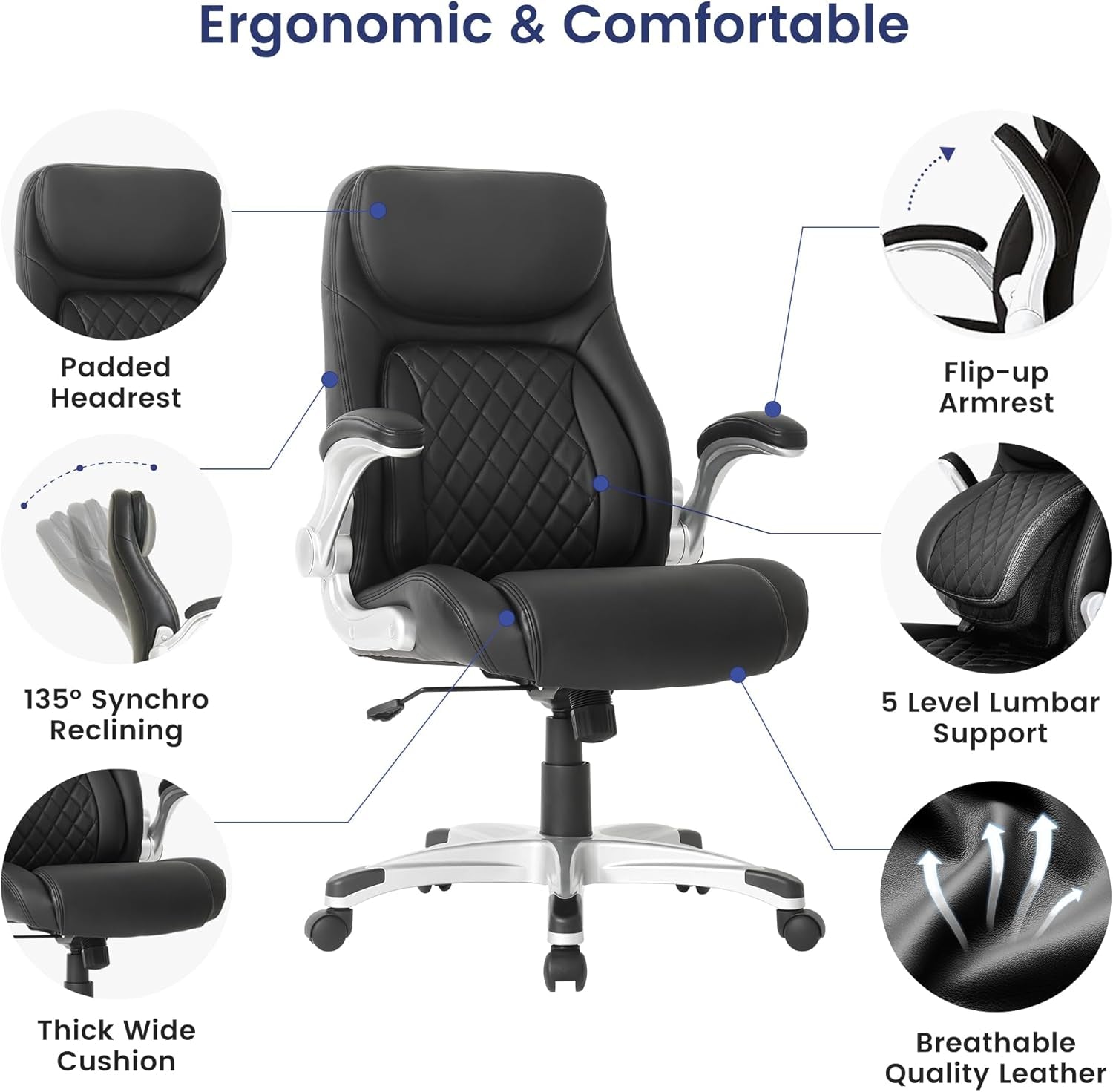 Ergonomic Office Chair Premium Microfiber Leather Adjustable Lumbar Support & Armrests, High Back Comfy Desk Gaming Chairs Executive Computer Swivel Chair Tilt Function(Posture,Black)-3