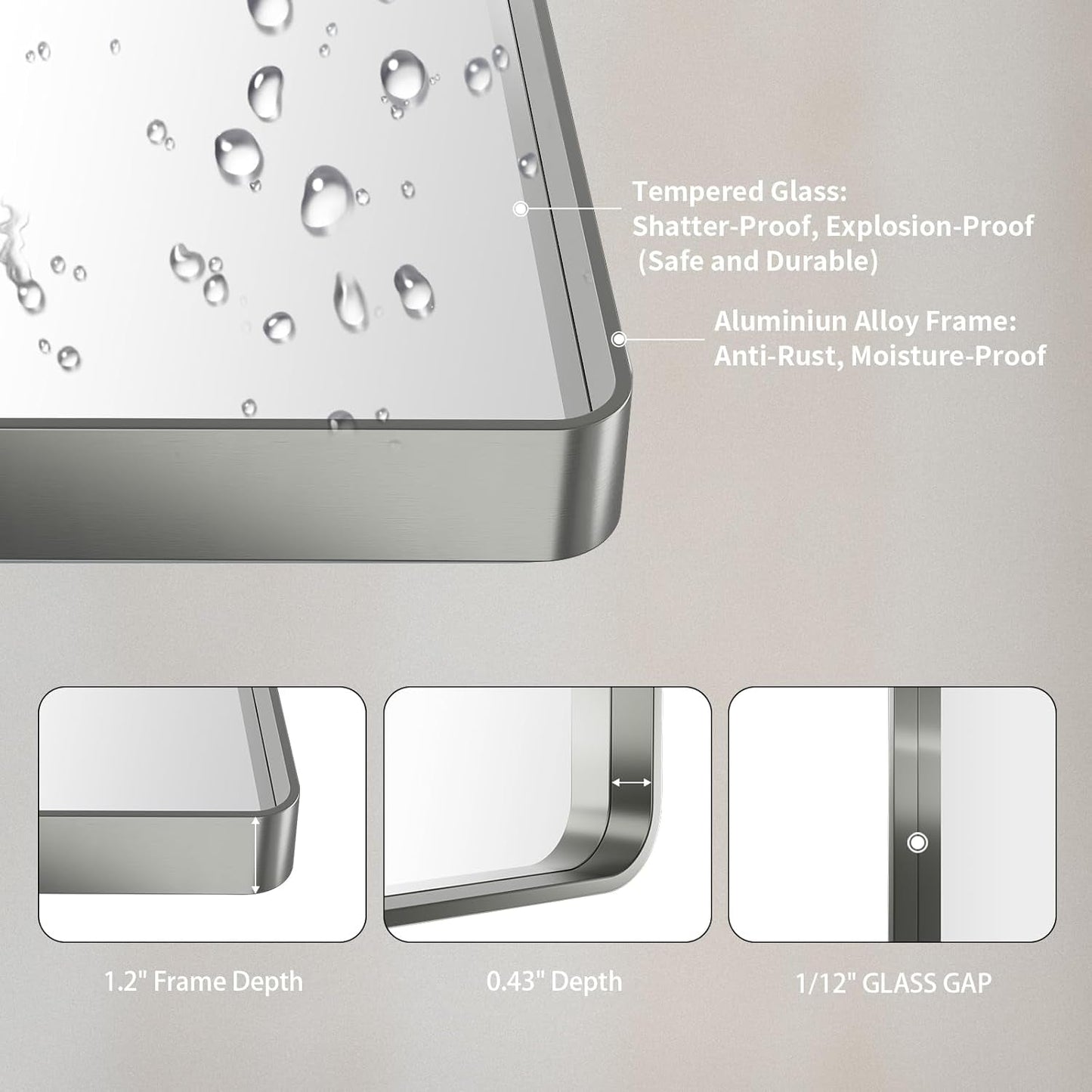 24X30 Inch Brushed Nickel Bathroom Mirror, Rounded Rectangle Silver Metal Frame Mirror, Brushed Nickel, Anti-Rust, Shatter Proof, Hangs Horizontally or Vertically-4