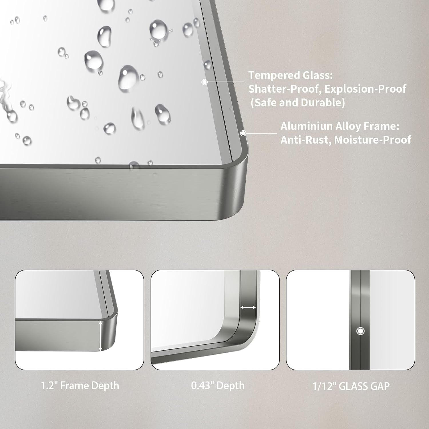 24X30 Inch Brushed Nickel Bathroom Mirror, Rounded Rectangle Silver Metal Frame Mirror, Brushed Nickel, Anti-Rust, Shatter Proof, Hangs Horizontally or Vertically-4