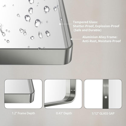 24X30 Inch Brushed Nickel Bathroom Mirror, Rounded Rectangle Silver Metal Frame Mirror, Brushed Nickel, Anti-Rust, Shatter Proof, Hangs Horizontally or Vertically-4