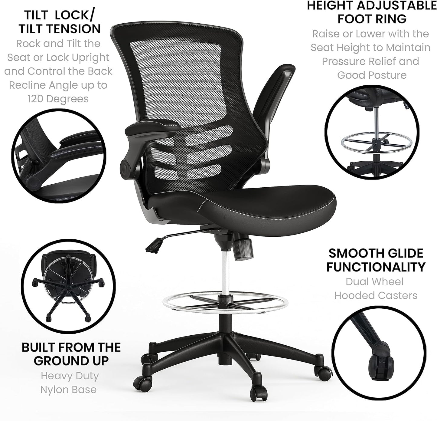 Kelista Mid-Back Swivel Office Chair with Adjustable Leathersoft Seat Height, Ergonomic Mesh Chair with Flip-Up Arms, Black-4
