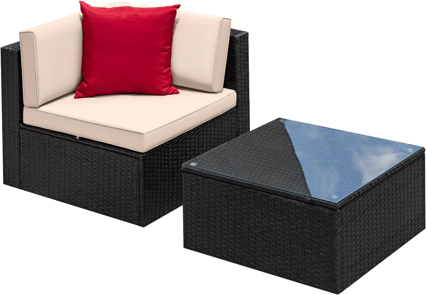 2 Piece Patio Furniture Set, All Weather PE Rattan Outdoor Sofa Set Single Sofa with Table for Garden Lawn Poolside (2 Piece, Beige)-0