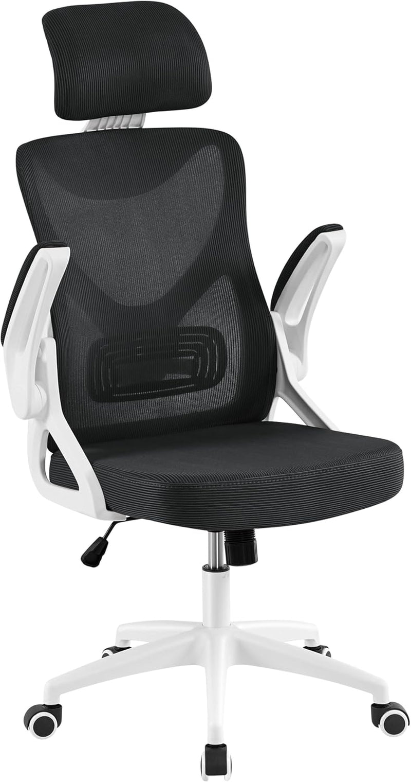 Ergonomic Mesh Office Chair, High Back Desk Chair with with Flip-Up Armrests, Adjustable Padded Headrest Computer Chair with Lumbar Support for Home Oiffce Game Room, White/Black-0