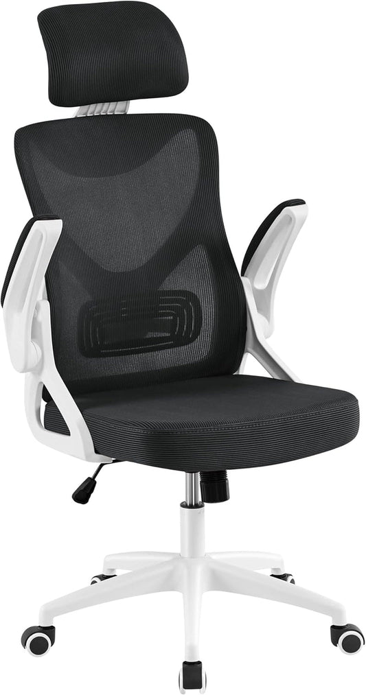 Ergonomic Mesh Office Chair, High Back Desk Chair with with Flip-Up Armrests, Adjustable Padded Headrest Computer Chair with Lumbar Support for Home Oiffce Game Room, White/Black-0