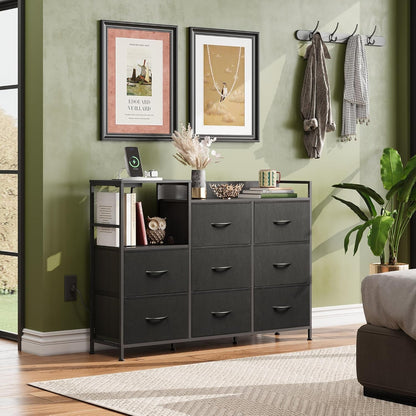 Black Dresser TV Stand for Bedroom with Charging Station and Open Shelves, Fabric Dresser with 8 Drawers and Wood Top, Wide Storage Chest of Drawers for Living Room, Hallway-1