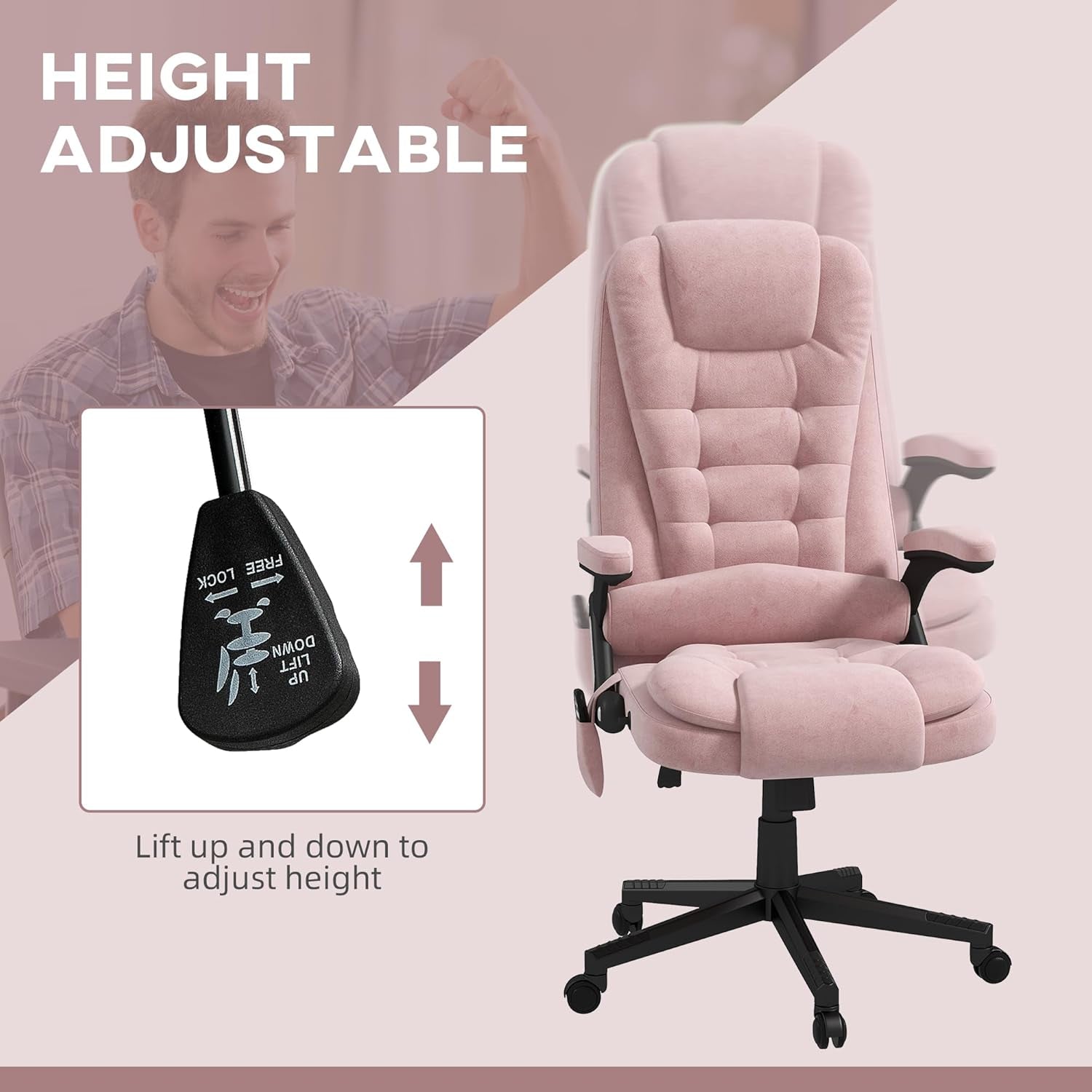 6 Point Vibrating Massage Office Chair with Heat, Velvet High Back Executive Office Chair with Reclining Backrest, Padded Armrests and Remote, Pink-3