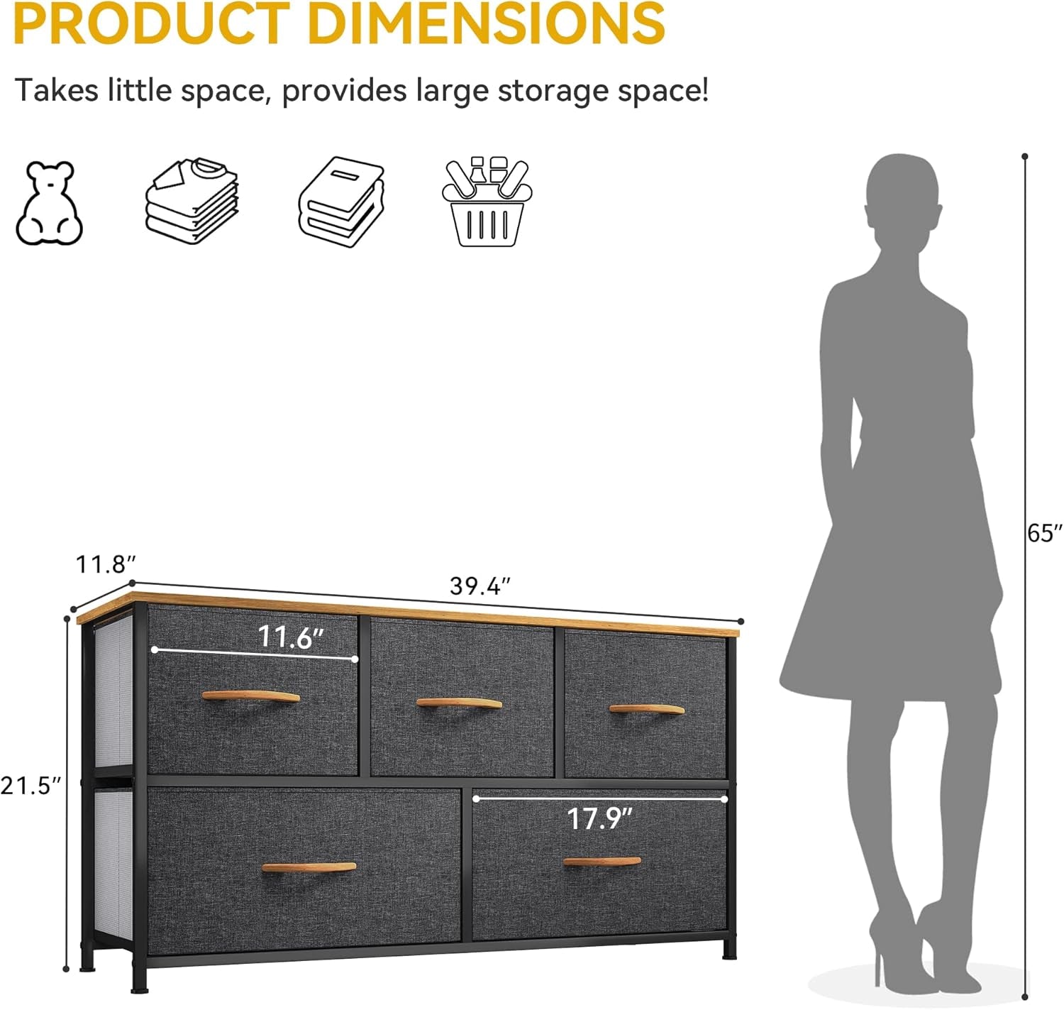 Dresser TV Stand, Fabric Dresser with 5 Drawers, Dresser for Bedroom, Wide Dresser, Storage Tower, Chest of Drawers for Closet, Living Room, Hallway, Dull Grey-4