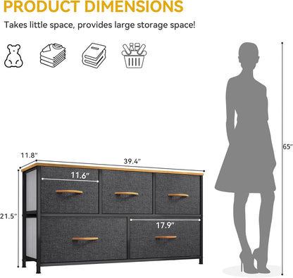 Dresser TV Stand, Fabric Dresser with 5 Drawers, Dresser for Bedroom, Wide Dresser, Storage Tower, Chest of Drawers for Closet, Living Room, Hallway, Dull Grey-4
