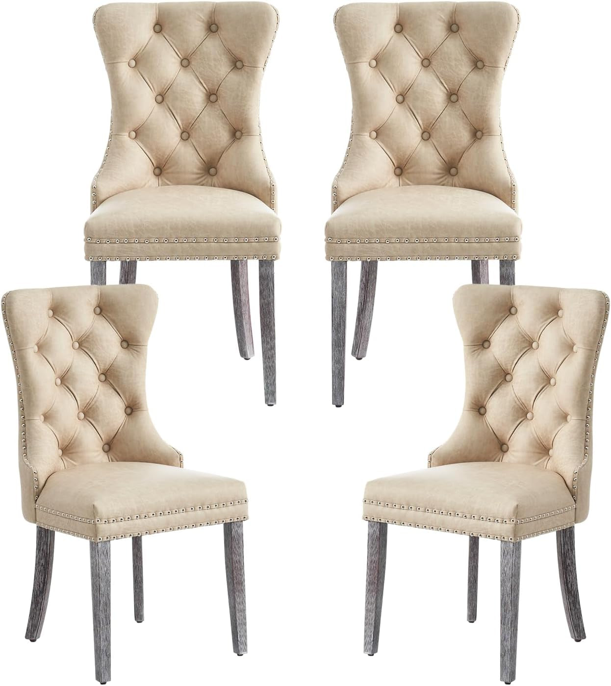 Leather Dining Chairs Set of 4, Upholstered Dining Chair with Nailhead Trim and Solid Wood Legs, Luxury Wingback Dining Side Chair for Living Room, Bedroom, Kitchen (Beige)-0