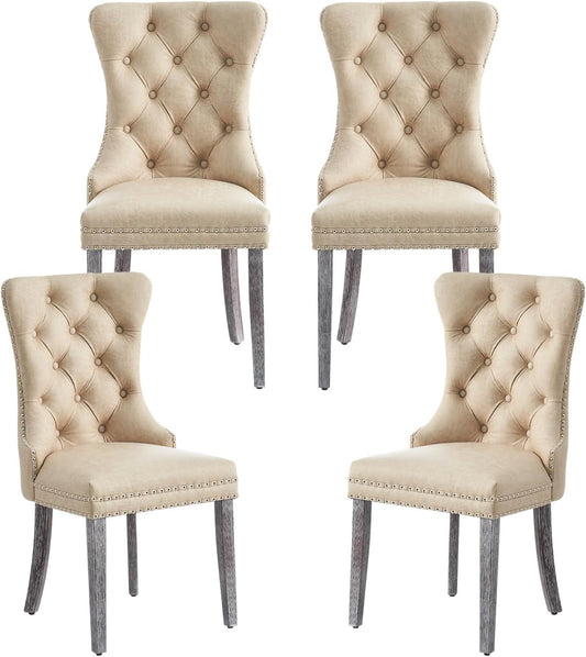 Leather Dining Chairs Set of 4, Upholstered Dining Chair with Nailhead Trim and Solid Wood Legs, Luxury Wingback Dining Side Chair for Living Room, Bedroom, Kitchen (Beige)-0