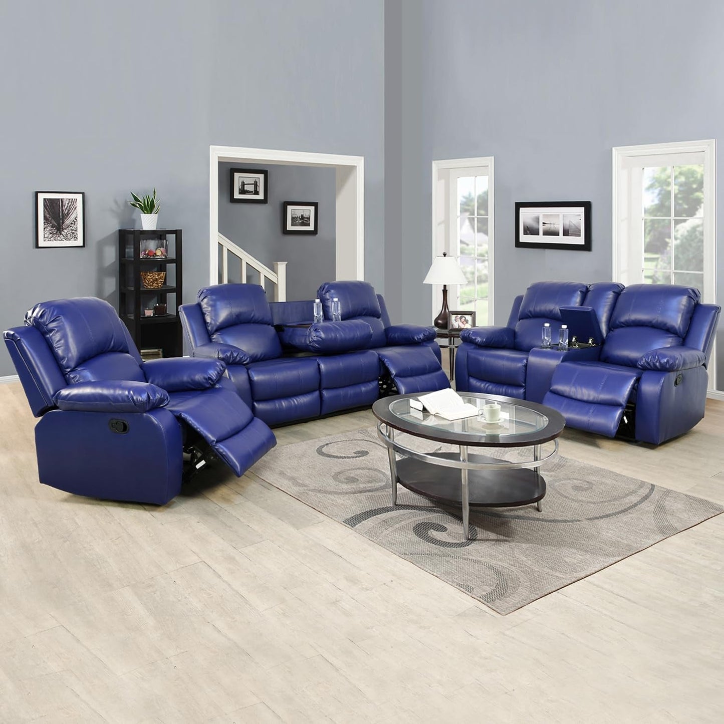 Leather Recliner Sofa Set，Leather Reclining Sofa Set for Living Room Furniture Sets，Dark Blue Recliner Couch Set for Living Room/Office/Theater Seating(Sofa Set 3 Pieces)-0