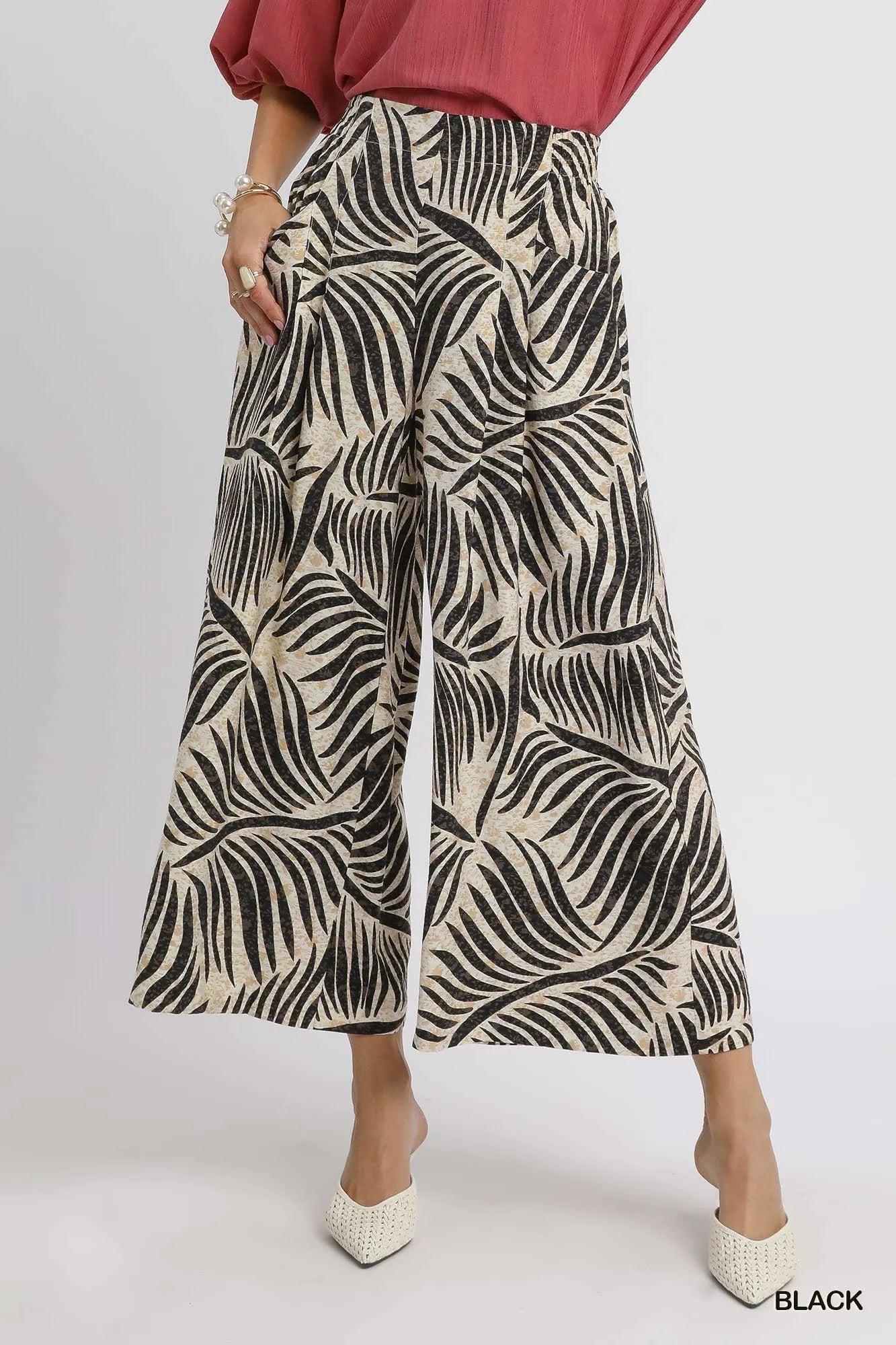 Umgee Palm Leaf Print Wide Leg Culotte Pants