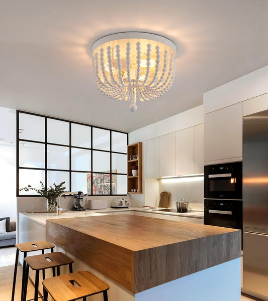 White Boho Beaded Chandeliers Flush Mount Ceiling Light,3-Lights Small Chandelier Light Fixture for Bedroom,Kitchen,Dining Room,Living Room,Stairway Gazebo-0