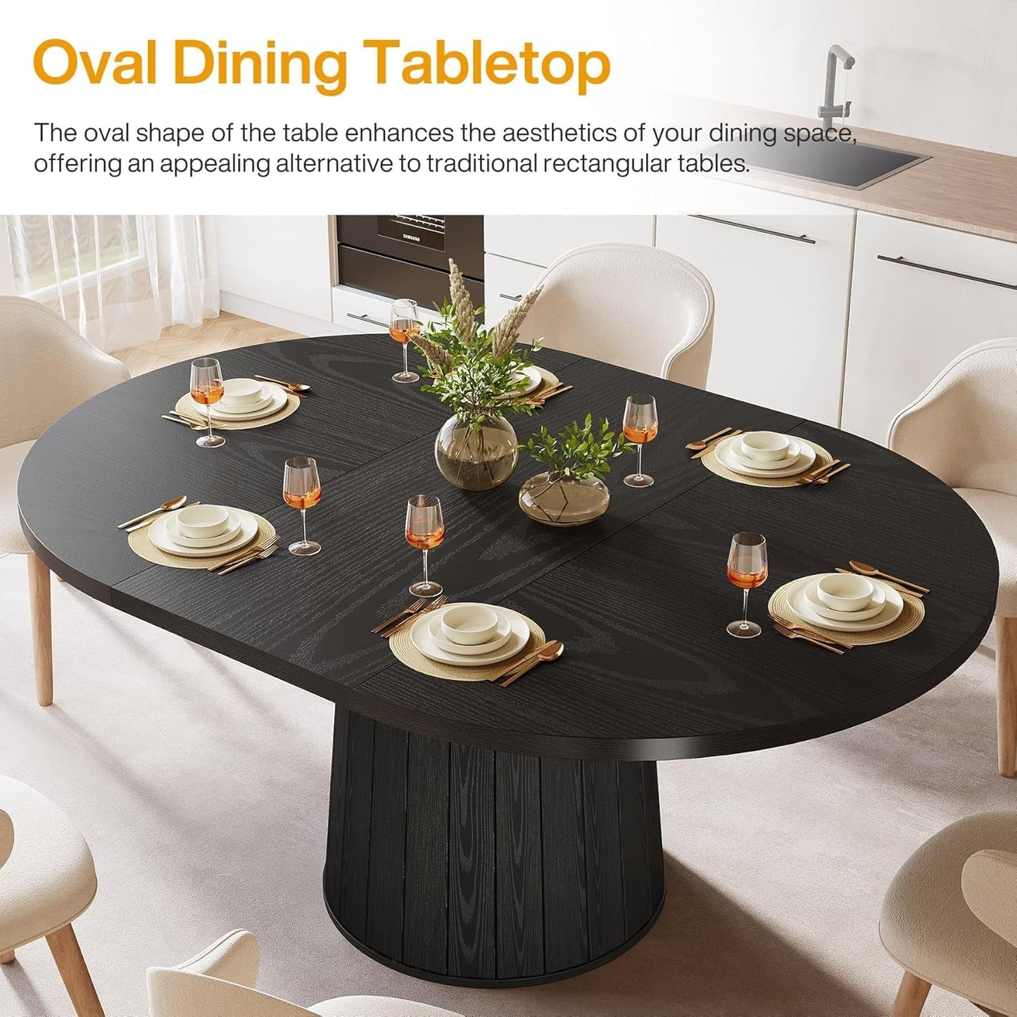 Oval Dining Table 55 Inch Black With Cylindrical Pedestal-4