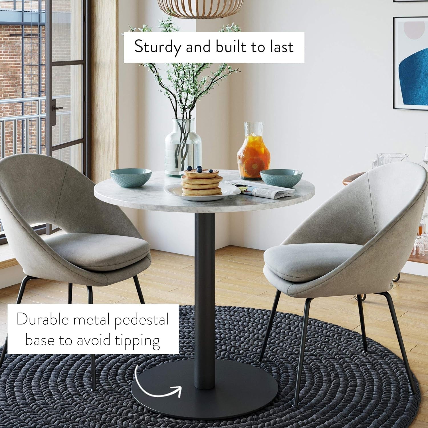 Bistro Lucy Small Mid-Century Modern Kitchen or Dining Table with Faux Carrara Marble Top and Brushed Metal Pedestal Base, Black, 31.5D X 31.5W X 29H In-3