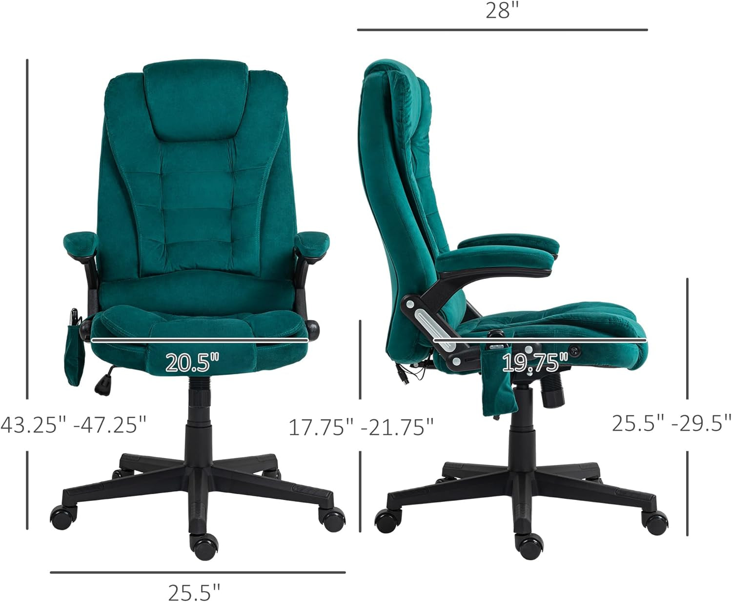 6 Point Vibrating Massage Office Chair with Heat, Velvet High Back Executive Office Chair with Reclining Backrest, Padded Armrests and Remote, Dark Green-2
