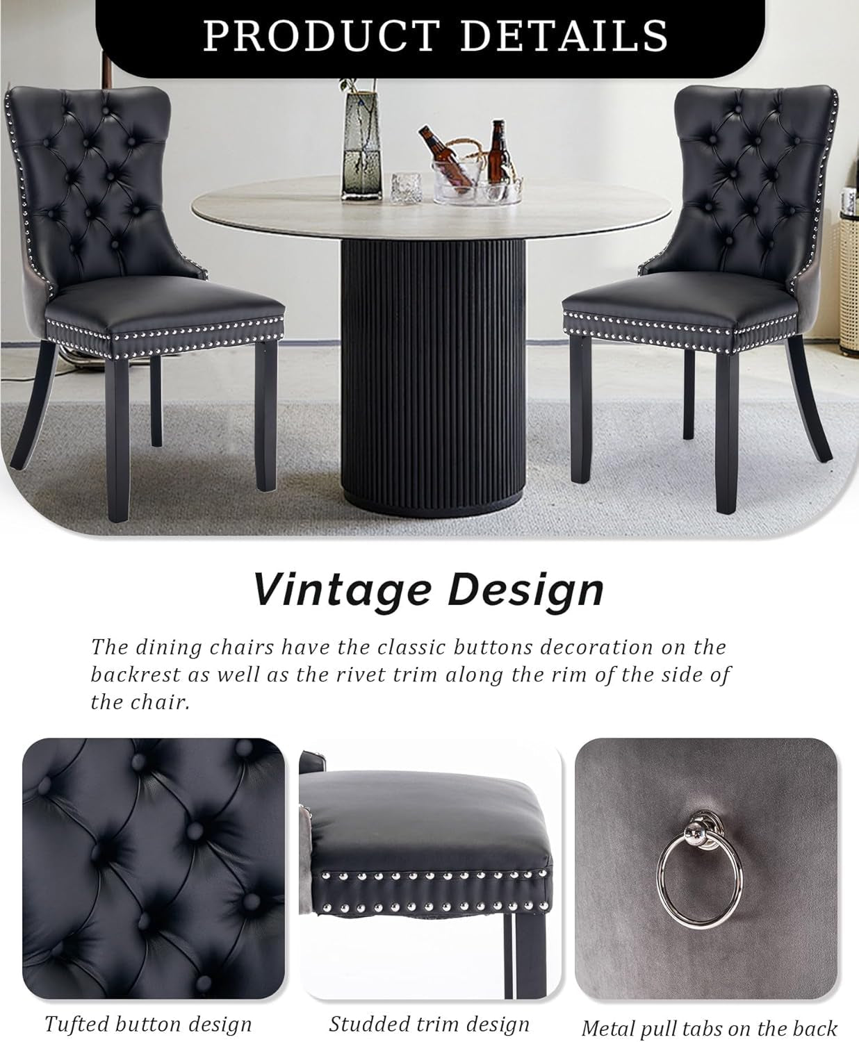 Leather Dining Chair Set of 2 Upholstered Tufted Dining Room Chair with Nailhead Trim and Solid Wood Legs for Kitchen, Restaurant, Black&Grey-4