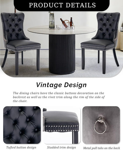 Leather Dining Chair Set of 2 Upholstered Tufted Dining Room Chair with Nailhead Trim and Solid Wood Legs for Kitchen, Restaurant, Black&Grey-4