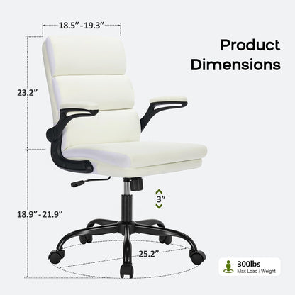 Office Chair Adjustable Desk Chair Mid Back Executive Comfortable Bonded Leather Ergonomic Back Support Home Computer Chair with Padded Flip-Up Armrest Swivel Wheels (White)-1