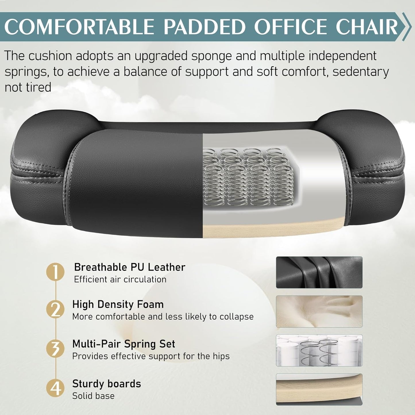 Leather Office Chair, PU Home Computer Desk Chairs with Ergonomic Back Support, 360°Swivel Free，Small Gmaing Chair with Wheels and Adjustable Armrests, for Short People Use, Black-4