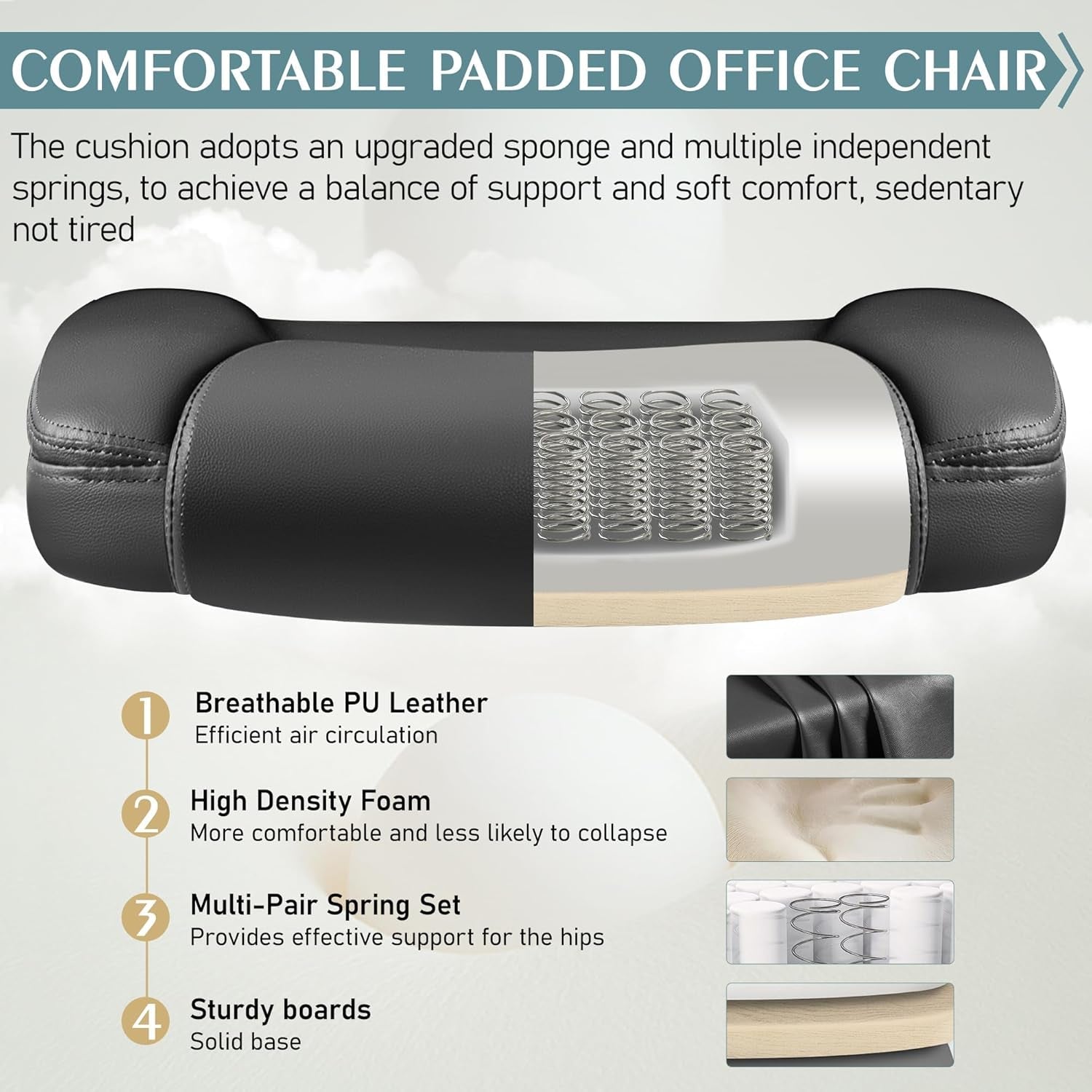 Leather Office Chair, PU Home Computer Desk Chairs with Ergonomic Back Support, 360°Swivel Free，Small Gmaing Chair with Wheels and Adjustable Armrests, for Short People Use, Black-4