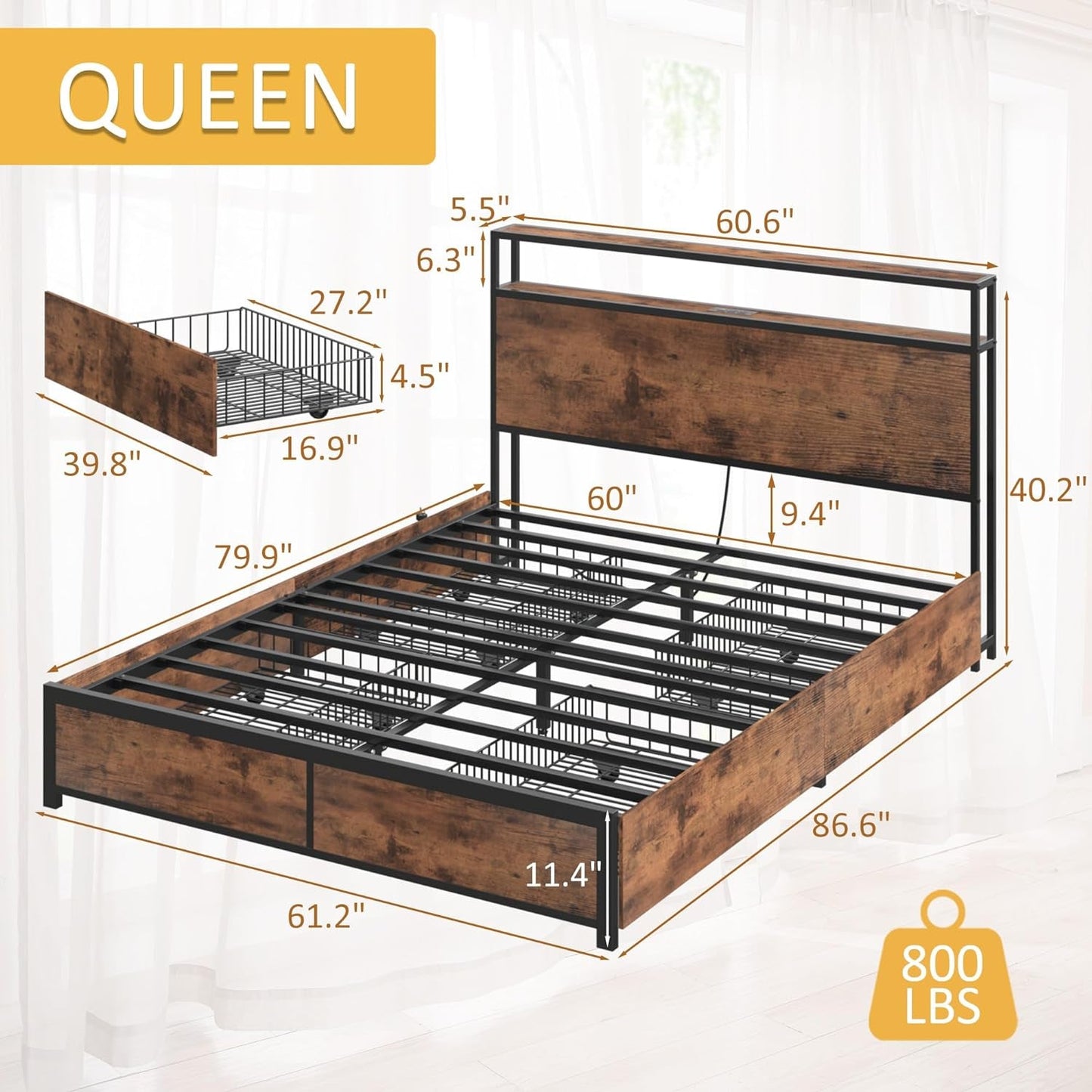 Vintage Queen Bed Storage Headboard, Drawers, Charge, LED-2