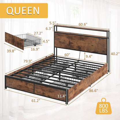 Vintage Queen Bed Storage Headboard, Drawers, Charge, LED-2