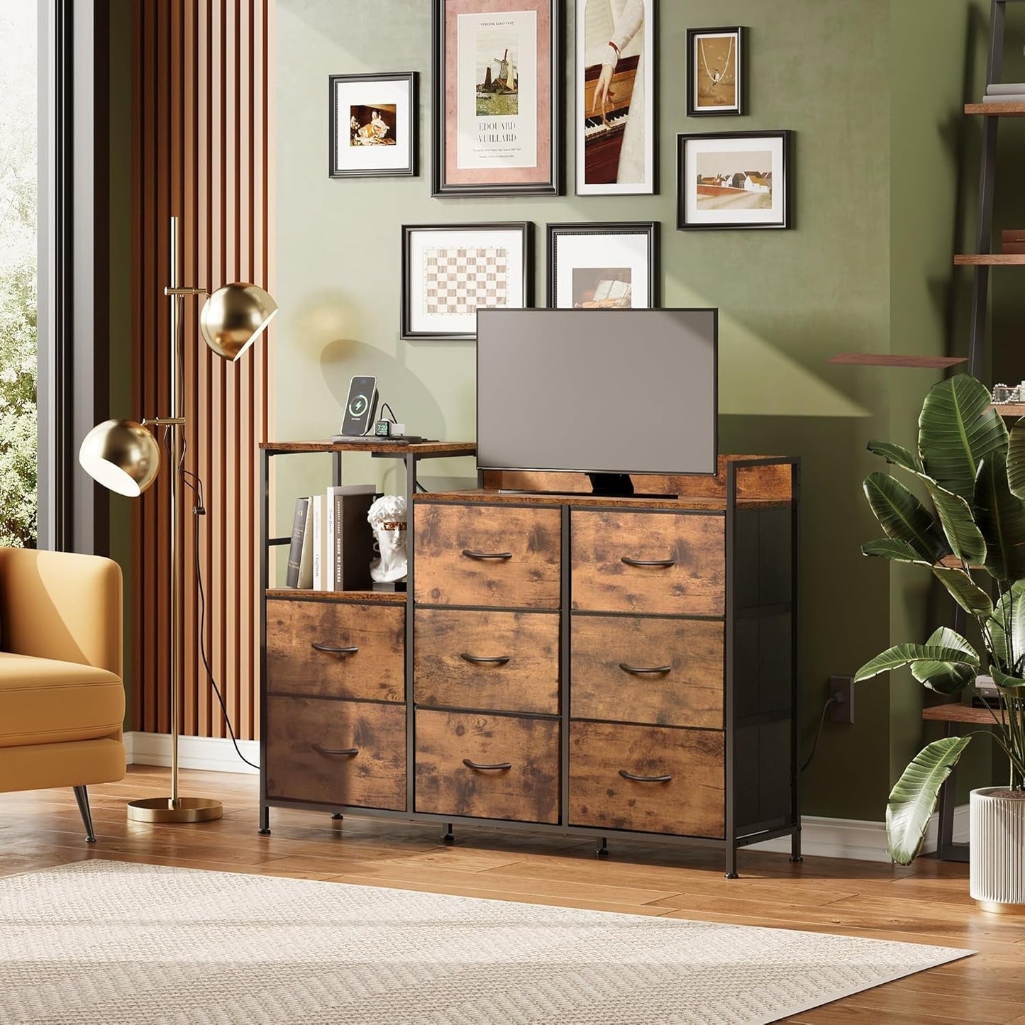 Dresser TV Stand for Bedroom with Charging Station, Wide Storage Chest of Drawers with 8 Large Fabric Drawers and Open Shelves, Storage Organizer Unit for Closet, Living Room, Rustic Brown-1