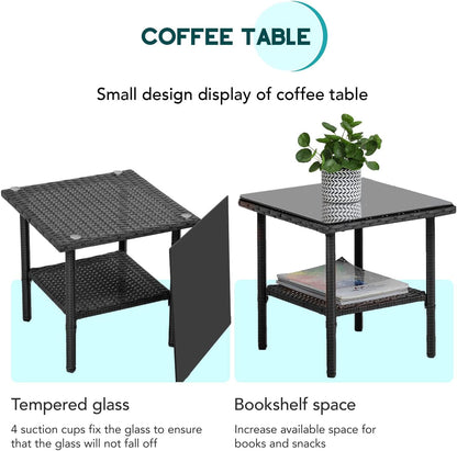 3 Piece Outdoor Furniture Set Patio Wicker Chairs Furniture Bistro Conversation Set 2 Rattan Chairs with Blue Cushions and Glass Coffee Table for Porch Lawn Garden Balcony Backyard-2