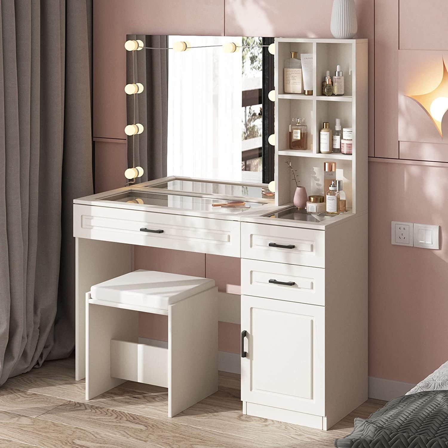 White Vanity Desk with Lighted Mirror-1