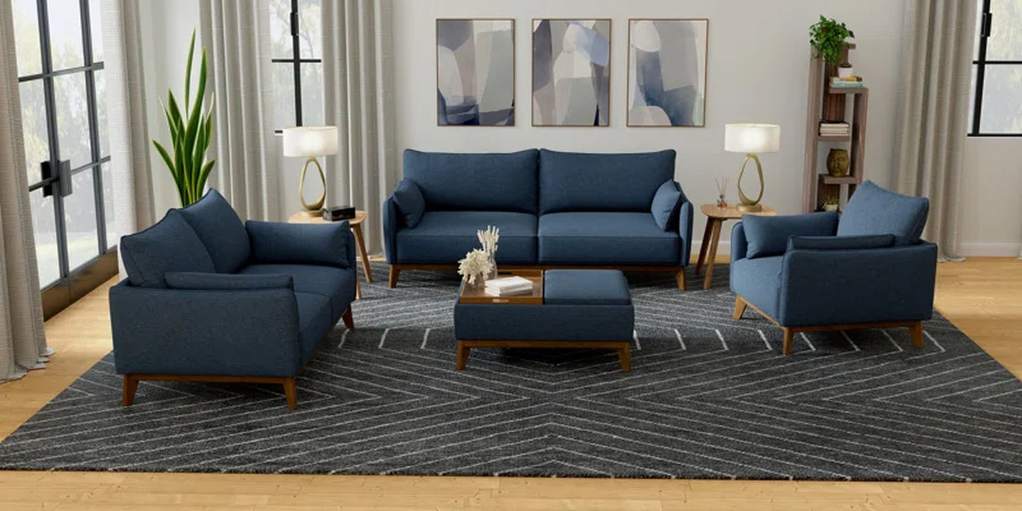 Spacious 84Inch Denim Upholstered Sofa With Wood Legs-2