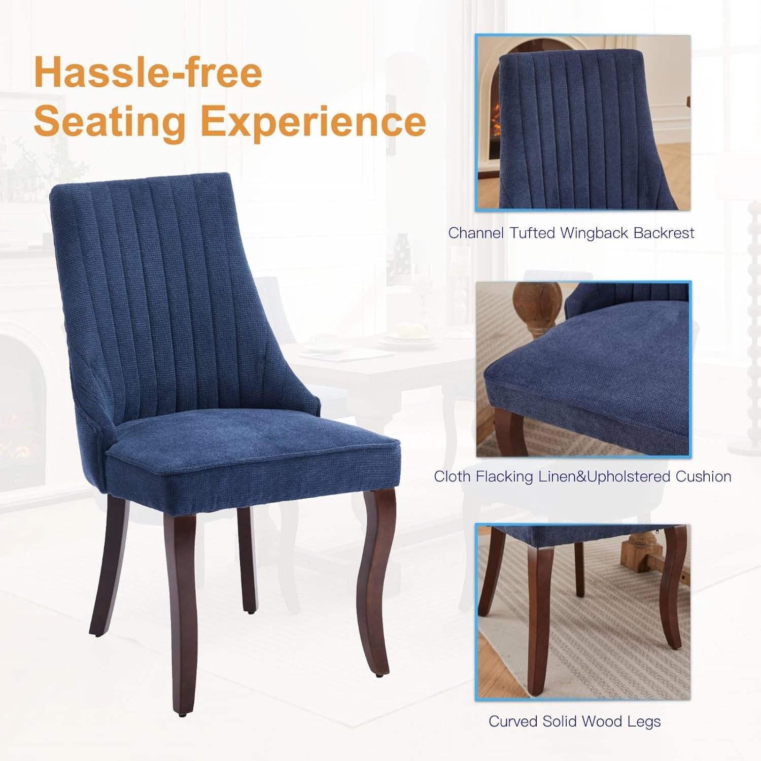 Linen Dining Chairs Set of 4,Comfy Fabric Upholstered Accent Chairs for Kitchen Living Room,Channel Tufted Dining Room Chairs with Curved Solid Wood Legs(Blue)-4